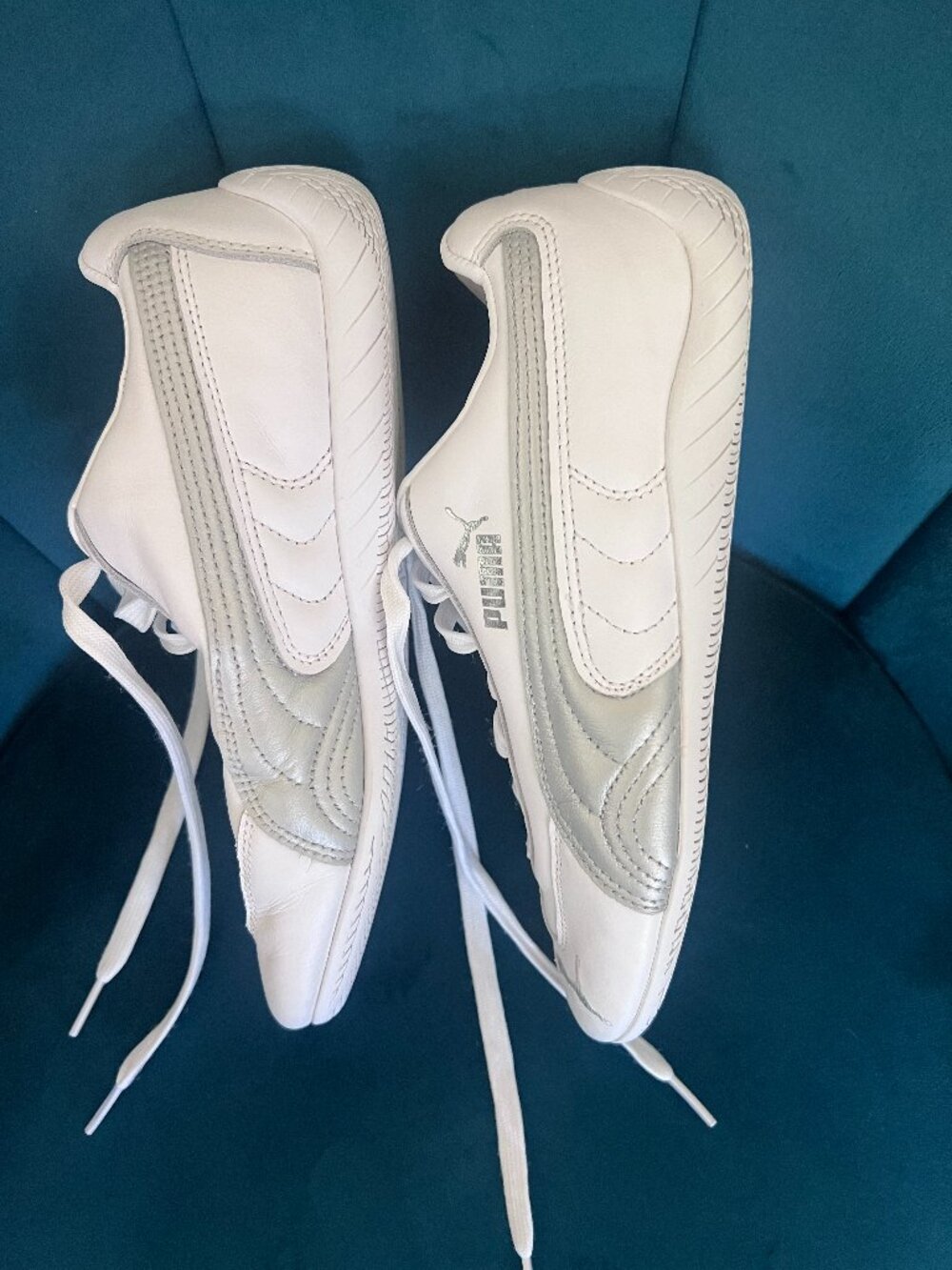 The Puma Speedcat Leather "White Silver" Unisex Athletic Shoe Size 6.5